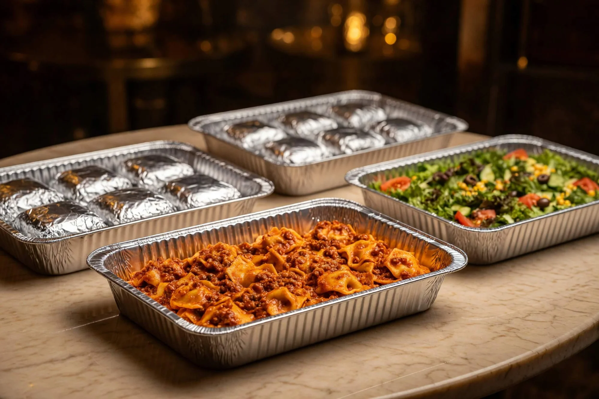 Catering trays of pasta, salad, and prepared dishes for group dining